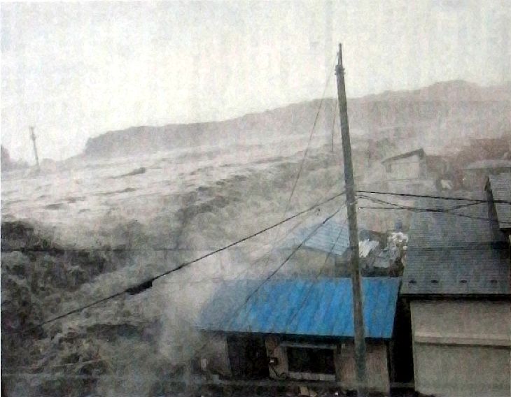 堤防を越え、田老地区の住宅に押し寄せる津波