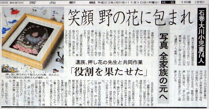 11月10日河北新報紙面／クリックすると押し花写真が贈られた記事(河北新報）のPDFファイルが開きます