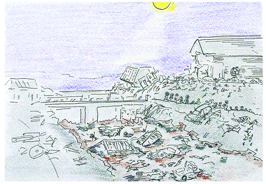 ３月１１日夜の東松島市野蒜地区を描いた安倍さんのスケッチ